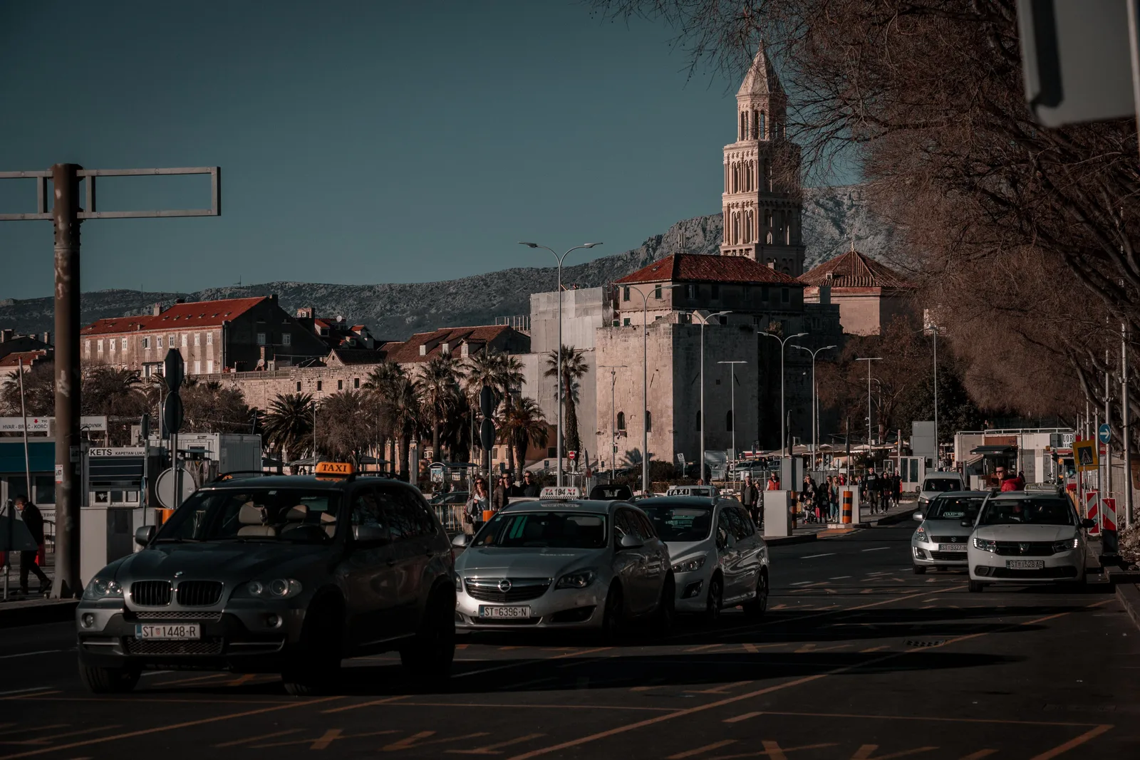 Traffic on the waterfront road in Split below the cathedral tower