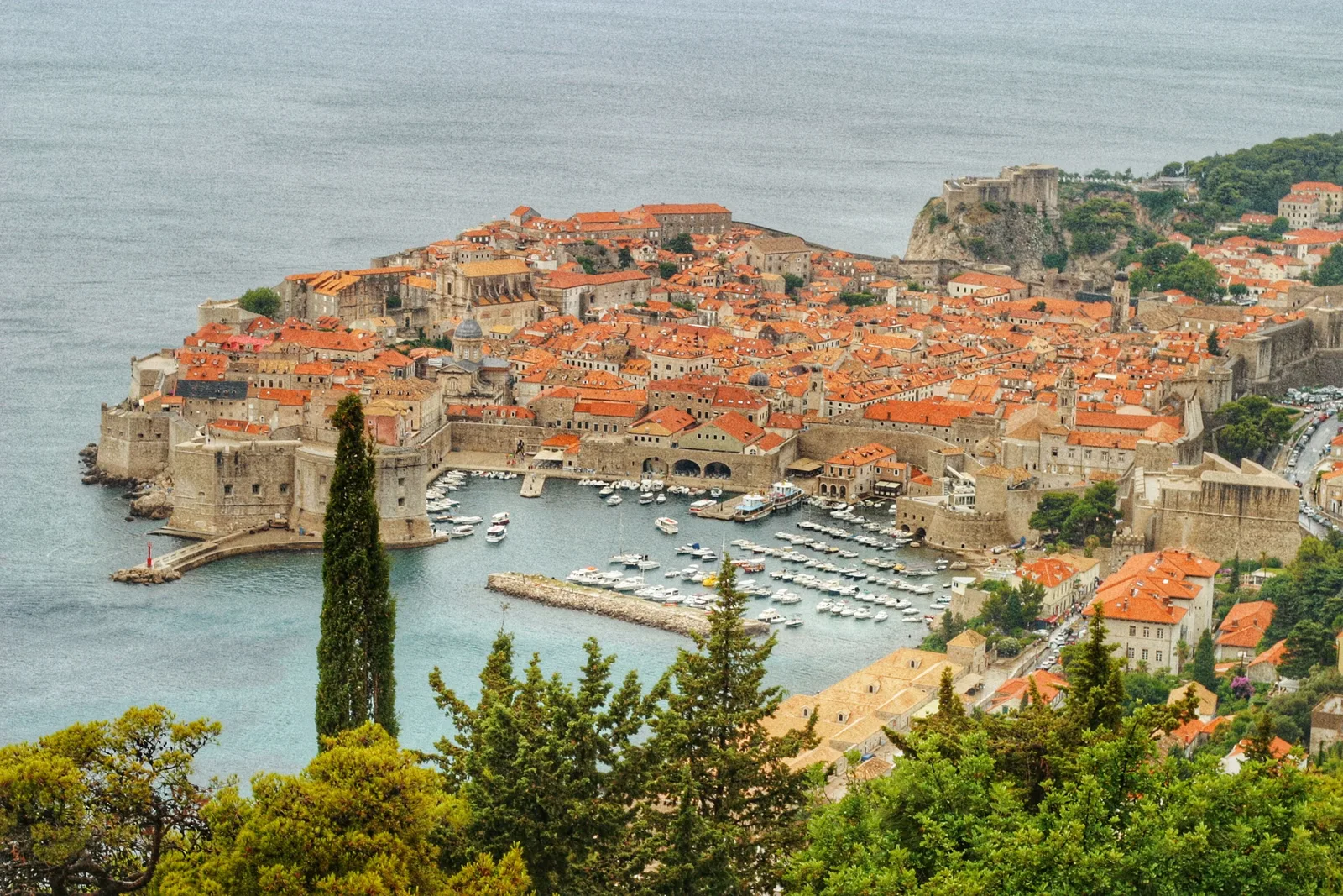 Dubrovnik Old Town walls seen from the road above the city